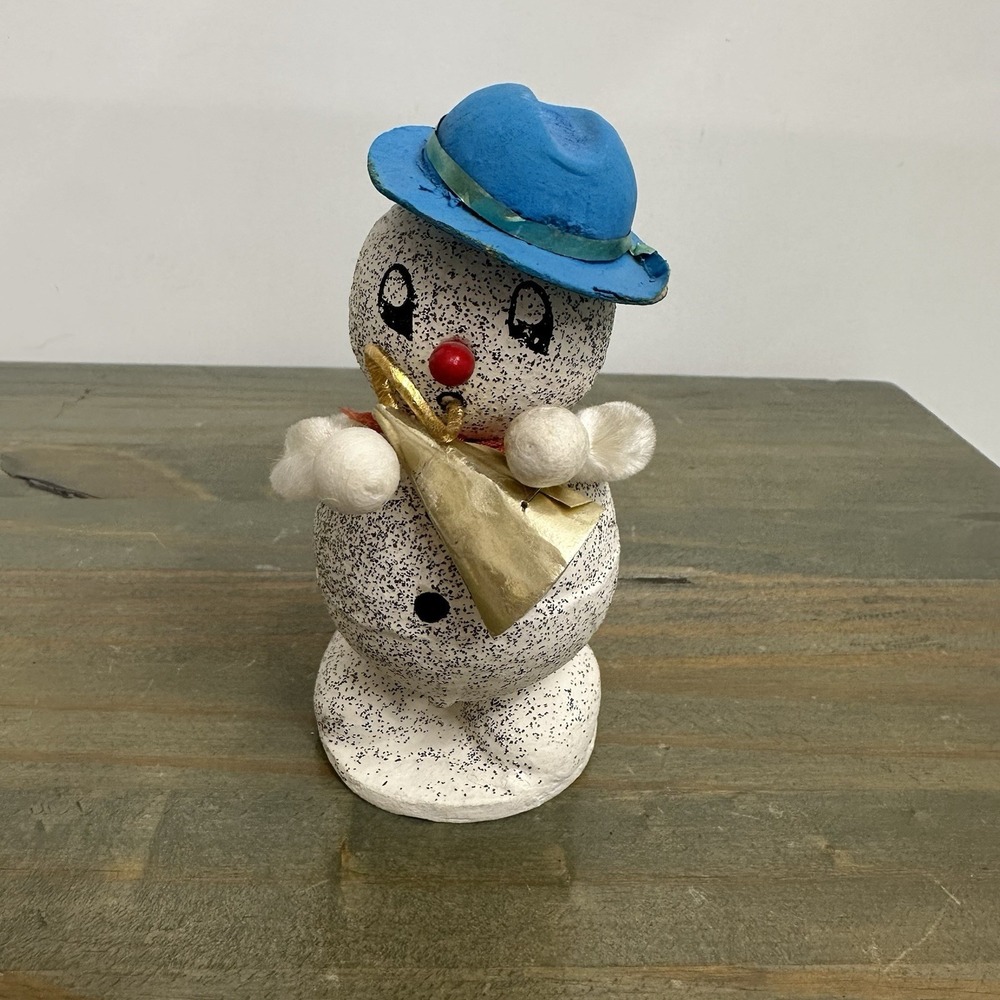 VTG Putz Mica Spun Cotton Blue Hat Snowman Musician Christmas Japan Paper Mache